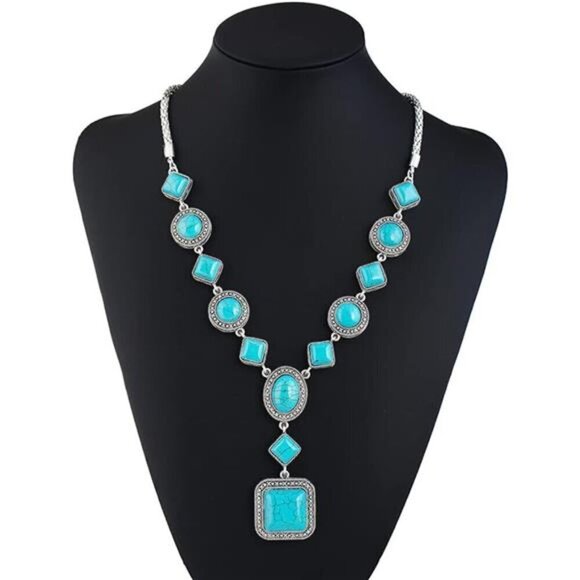 Bohemian Turquoise Necklace Set - Women's Cowgirl Chic Jewelry Set Turquoise - Picture 4 of 6